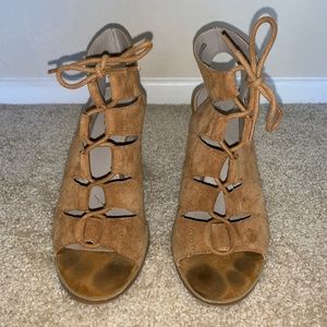 Leather and Suede Lace Up Open Toe Booties